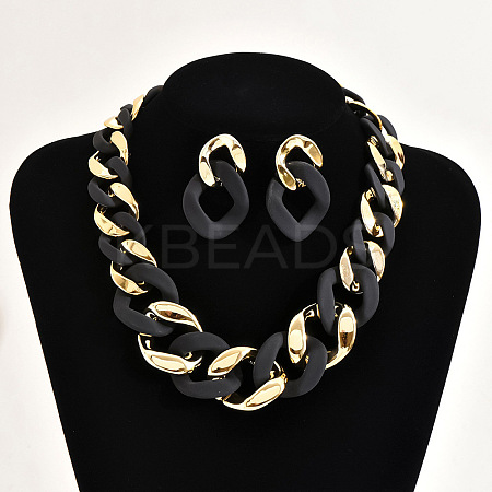 Alloy & CCB Plastic Curb Chain Necklace & Stud Dangle Earrings Sets FS-WG734CE-03-1