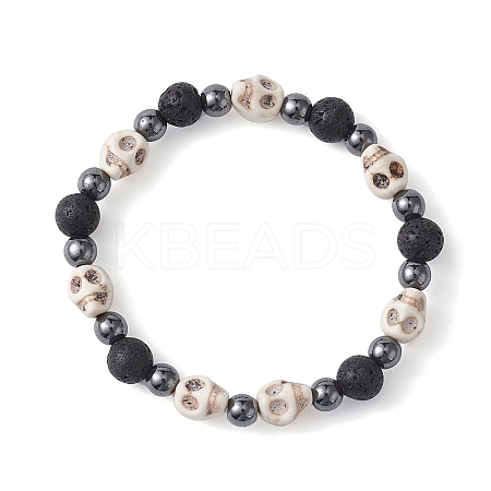 Halloween Skull Synthetic Turquoise & Round Lava Rock & Synthetic Non-Magnetic Hematite Beaded Stretch Bracelets for Women BJEW-JB10656-02-1