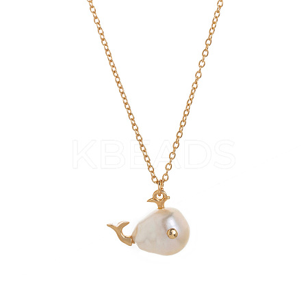 Natural Baroque Keshi Pearl Fish Pendant Brass Chain Necklaces FS-WGF6066-03-1