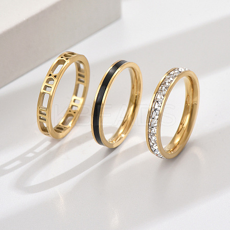 3Pcs Hollow Out 304 Stainless Steel Micro Pave Clear Cubic Zirconia with Enamel Finger Rings FS-WGFDE09-08-1