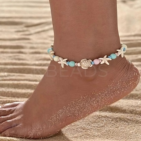 Bohemian Style Acrylic Starfish Turtle & Round Glass Beaded Braided Anklets for Women FS-WG26544-01-1
