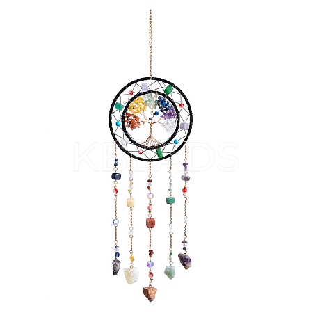 7 Chakra Tree of Life Natural Gemstone Chips Hanging Suncatchers HJEW-F023-02-1
