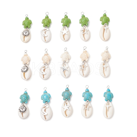 15Pcs 15 Styles Natural Cowrie Shell & Dyed Synthetic Turquoise Turtle Copper Wire Wrapped Pendants PALLOY-JF04034-1