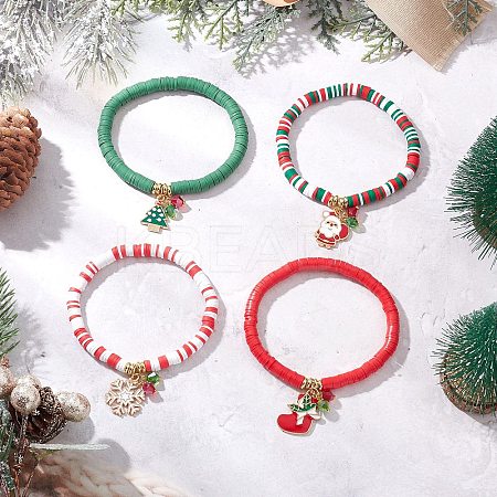 4Pcs Christmas Theme Handmade Polymer Clay Beads Stretch Bracelet Sets BJEW-JB12111-1