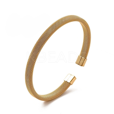 304 Stainless Steel Flat Mesh Chain Shape Open Cuff Bangle for Women BJEW-C033-09G-1