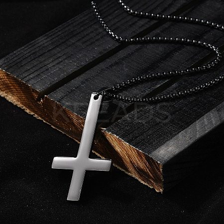 304 Stainless Steel Christian Upside Down Cross Pendant Box Chain Necklaces NJEW-NH0001-07EB-1