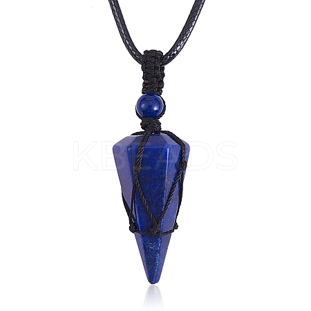 Natural Lapis Lazuli Cone Braided Pendant Necklace NJEW-SZ0001-59D-1