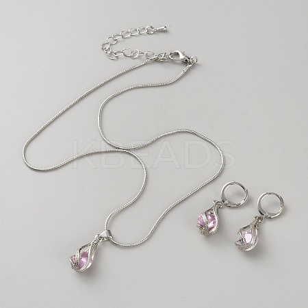 Teardrop Brass & Cubic Zirconia Pendant Necklaces & Hoop Earrings Jewelry Set for Women SJEW-WH0008-05P-01-1