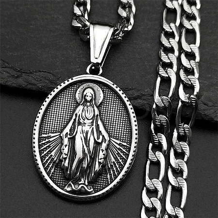 201 Stainless Steel Oval with Virgin Mary Pendant Figaro Chain Necklaces NJEW-C104-03-1
