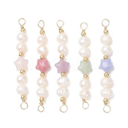 Synthetic Blue Lace Agate & Natural Rhodonite & Rose Quartz & Green Aventurine & Lepidolite/Purple Mica Stone Star with Natural Cultured Freshwater Pearl Connector Charms PALLOY-JF04719-1
