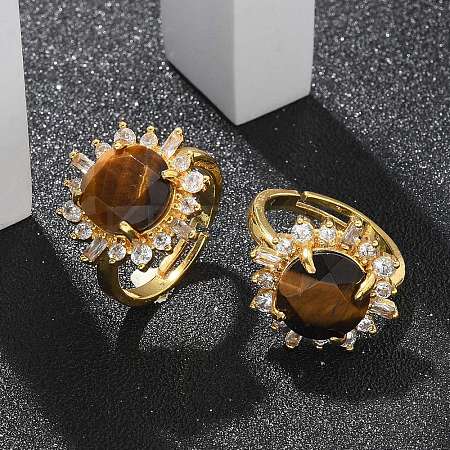 Sunflower Natural Tiger Eye Finger Rings RJEW-B113-03G-04-1