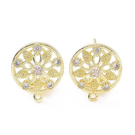 Hollow Flower Brass Micro Pave Cubic Zirconia Stud Earrings Finding KK-E083-09G-1