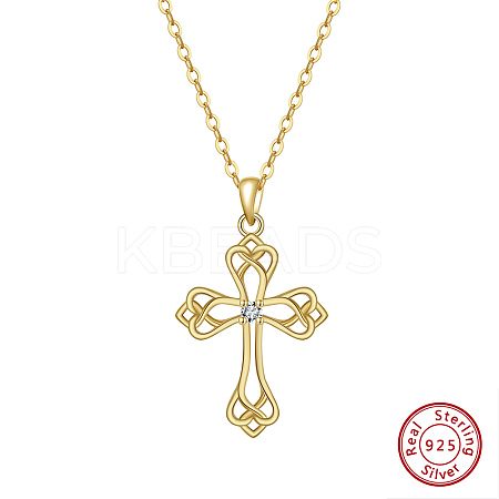 925 Sterling Silver Pave Clear Cubic Zirconia Knot Cross Pendant Necklaces for Women NJEW-F323-02G-1