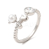 Plastic Pearl Christmas Deer Open Cuff Ring with Cubic Zirconia RJEW-R139-01P-3