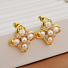 Clover Brass Pave Clear Cubic Zirconia & Freshwater Pearl Stud Earrings for Women EJEW-G391-01G-1