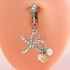 304 Stainless Steel Pave Cubic Zirconia & Plastic Pearl & Natural Shell Starfish Dangle Clip on Belly Rings FS-WG69EA3-01-2
