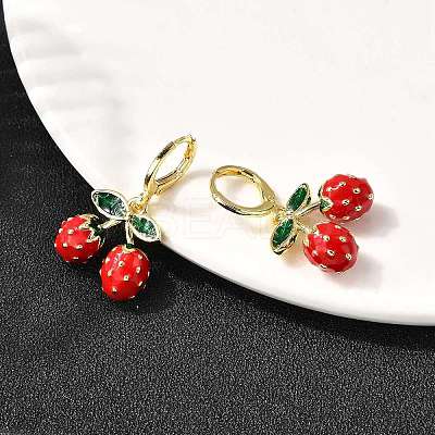 Brass Enamel Strawberry Dangle Earrings EJEW-L305-04G-1