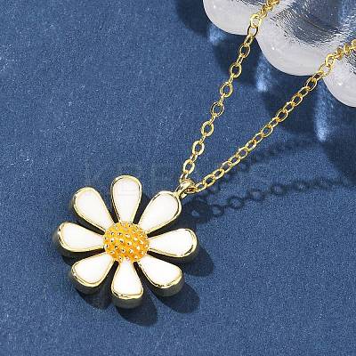 Brass White Enamel Flower Pendant Necklaces for Women NJEW-S449-07G-1