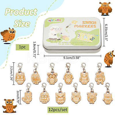Wood Owl Pendant Locking Stitch Markers HJEW-NB00124-1