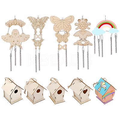 20 Sets 10 Style DIY Unfinished Wood Wind Chime & Bird House Making Kits DIY-BC0012-21-1