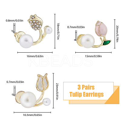 3 Pairs 3 Style Crystal Rhinestone Tulip Flower Stud Earrings with Plastic Pearl Beaded EJEW-FI0001-51-1