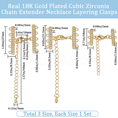 3 Sets 3 Style Brass Micro Pave Clear Cubic Zirconia Chain Extender KK-BBC0012-50-1