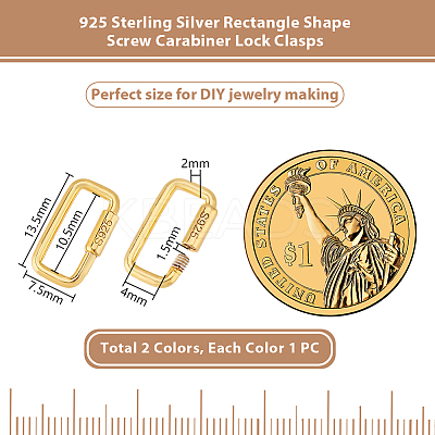 2Pcs 2 Colors 925 Sterling 2Pcs 2 Colors 925 Sterling Silver Locking Carabiner STER-GA0001-04B-1