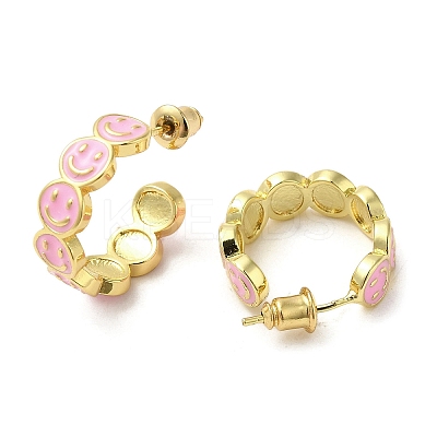 Smiling Face Real 18K Gold Plated Brass Stud Earrings EJEW-L268-016G-02-1
