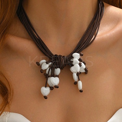 Bohemian Style Heart Plastic Pearl & Resin Pendant Multi-Strand Waxed Cord Necklaces with Alloy End Chains FS-WG9073E-05-1