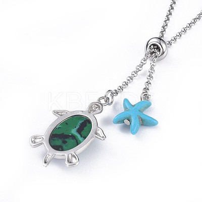 Tortoise Brass Synthetic Malachite Lariat Necklaces NJEW-JN02456-01-1