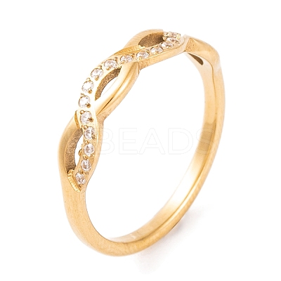 PVD Vacuum Plating Infinity 304 Stainless Steel with Clear Cubic Zirconia Finger Ring for Women RJEW-C086-02-G-1