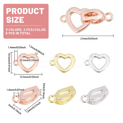6Pcs 3 Colors Brass Pave Clear Cubic Zirconia Fold Over Clasps KK-CA0002-68-1
