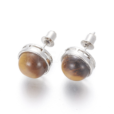 Natural Tiger Eye Stud Earrings EJEW-F162-H09-1
