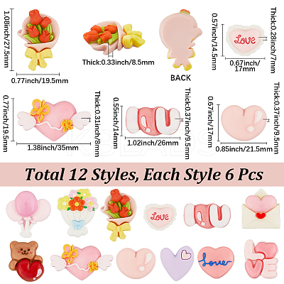 72Pcs 12 Styles Valentine's Day Themed Opaque Resin Cabochons RESI-SC0006-04-1