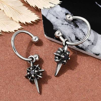 Flower 316 Surgical Stainless Steel & Black Glass Dangle Half Hoop Earrings for Women EJEW-G416-49AS-1