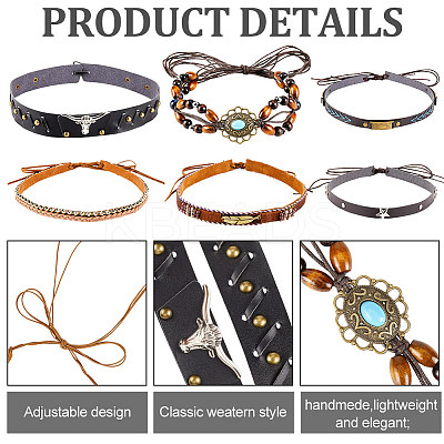 6Pcs 6 Styles Imitation Leather Southwestern Cowboy Hat Belt AJEW-CP0007-22-1