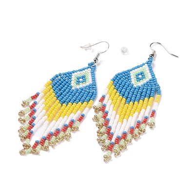 Glass Seed Braided Rhombus with Tassel Chandelier Earrings EJEW-H084-03P-1