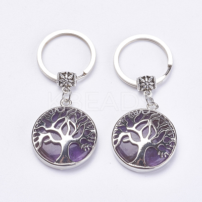Flat Round with Tree of Life Gemstone Keychain KEYC-G043-C-1
