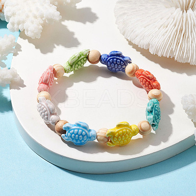 Beach Tortoise Handmade Procelain & Wood Round Beaded Stretch Bracelets BJEW-JB10299-01-1