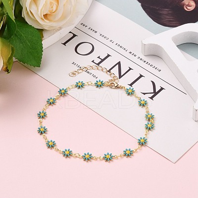 Golden Brass Flower Enamel Links Anklets AJEW-AN00333-02-1