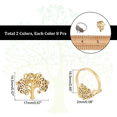 16Pcs 2 Colors 201 Stainless Steel Tree of Life Finger Ring for Women RJEW-GA0001-01-1