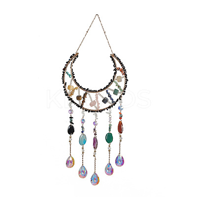 Brass Wire Wrapped Natural Mixed Gemstone Chips Moon Suncatchers HJEW-D302-05-1