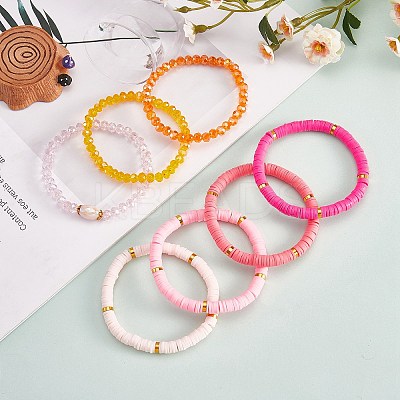7Pcs 7 Style Handmade Polymer Clay Heishi Surfer Stretch Bracelets Set BJEW-SW00073-01-1