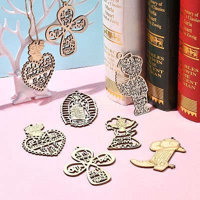 35Pcs 7 Styles Wedding Theme Wooden Huggie Pendants WOOD-CJ0002-07-1