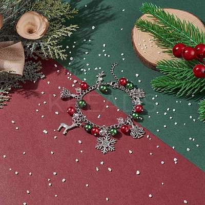 Christmas Gift Box & Tree & Snowflake & Reindeer Alloy Charm Bracelet with Glass Pearl BJEW-TA00097-1