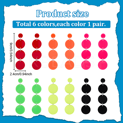 6 Pairs 6 Colors Flat Round Acrylic Dangle Stud Earrings with Steel Iron Pins for Women EJEW-AN0004-13-1