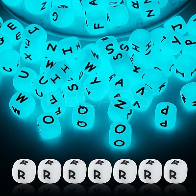 20Pcs Luminous Cube Letter Silicone Beads 12x12x12mm Square Dice Alphabet Beads with 2mm Hole Spacer Loose Letter Beads for Bracelet Necklace Jewelry Making JX437R-1