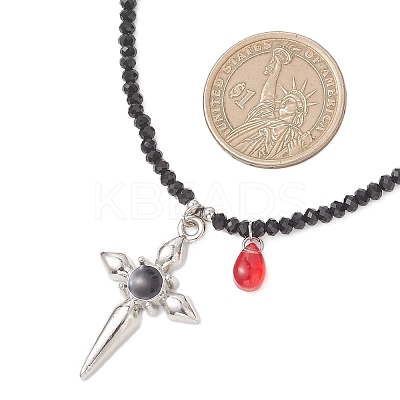Alloy Enamel Gothic Cross and Red Teardrop Pendant Faceted Rondelle Glass Beaded Necklaces NJEW-JN05827-1