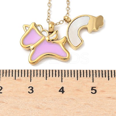 304 Stainless Steel Pearl Pink Enamel & Natural White Shell Pendant Unicorn Rainbow Pendant Necklaces for Women NJEW-M101-02G-1