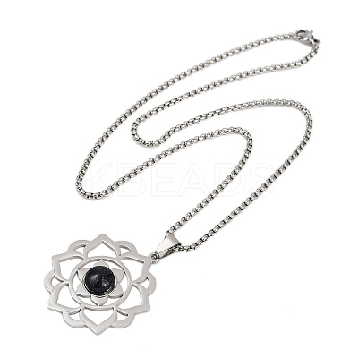 Chakra Lotus Flower 201 Stainless Steel Pave Synthetic Blue Goldstone Pendant Necklaces for Women NJEW-K283-26P-1